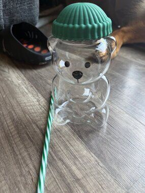 Bear-Shaped Clear Glass Tumbler Cup With Green Silicone Lid & Matching Straw Chi